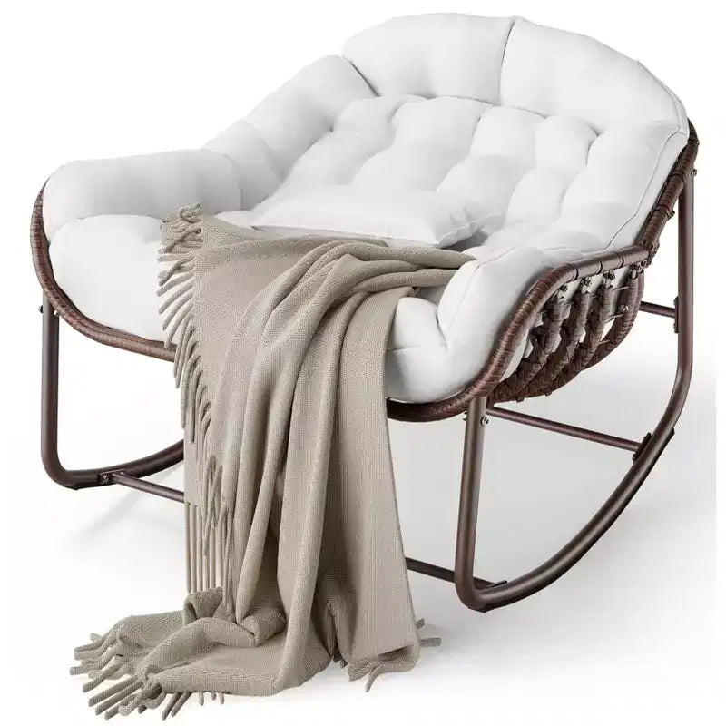 Outdoor Papasan Rocking Chair with Cushion, Wicker and Metal Frame Lounge Rocker for Patio, Porch, or Living Room, 350lb Capacity