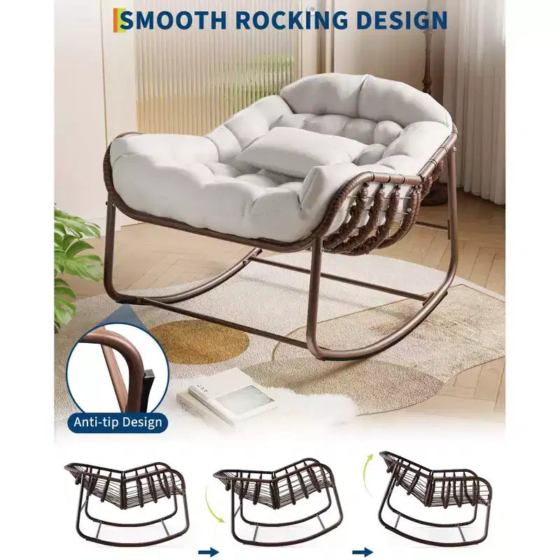 Fauteuil à bascule Papasan d'extérieur avec coussin, fauteuil à bascule en osier et métal pour patio, véranda ou salon, capacité de 158 kg