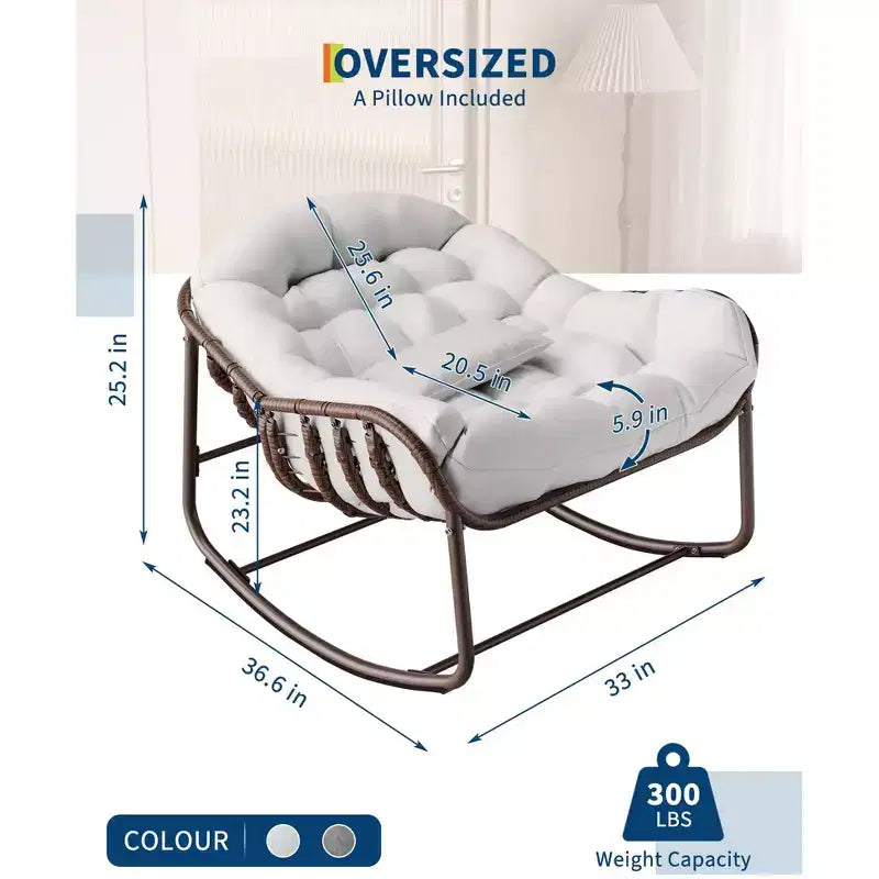Fauteuil à bascule Papasan d'extérieur avec coussin, fauteuil à bascule en osier et métal pour patio, véranda ou salon, capacité de 158 kg