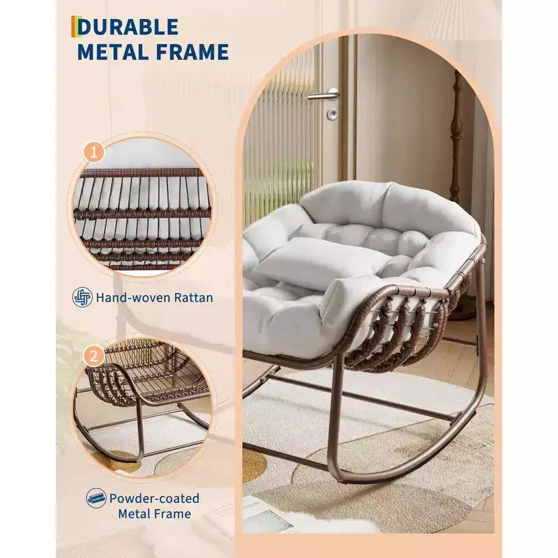 Fauteuil à bascule Papasan d'extérieur avec coussin, fauteuil à bascule en osier et métal pour patio, véranda ou salon, capacité de 158 kg