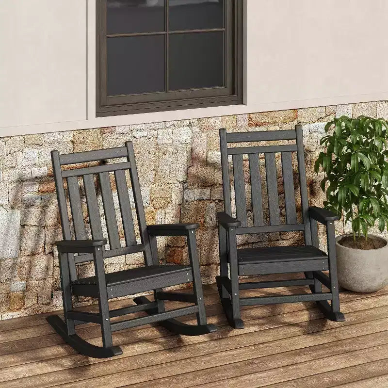 Outdoor Rocking Chair, High-Back HDPE All-Weather Rockers & Poly Lumber Furniture for Patio and Porch,Grey
