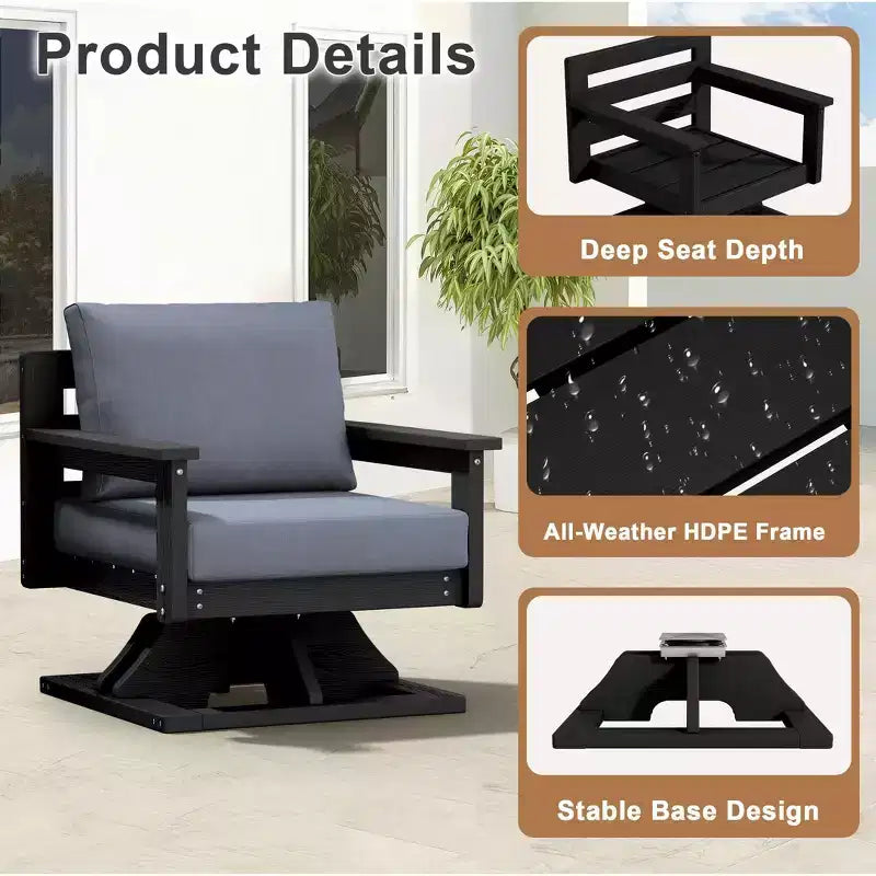Chaise de patio pivotante Hyleory en PEHD avec coussin de qualité supérieure, chaise d'extérieur tout temps pour un confort optimal