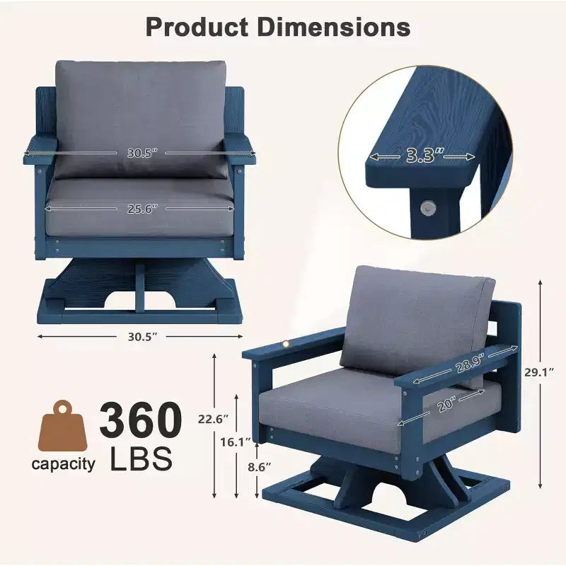 Chaise de patio pivotante Hyleory en PEHD avec coussin de qualité supérieure, chaise d'extérieur tout temps pour un confort optimal