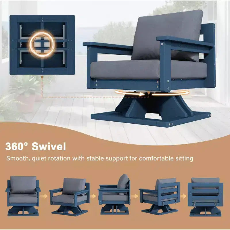 Chaise de patio pivotante Hyleory en PEHD avec coussin de qualité supérieure, chaise d'extérieur tout temps pour un confort optimal
