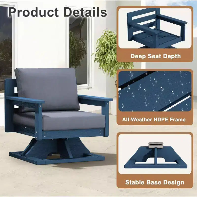 Chaise de patio pivotante Hyleory en PEHD avec coussin de qualité supérieure, chaise d'extérieur tout temps pour un confort optimal