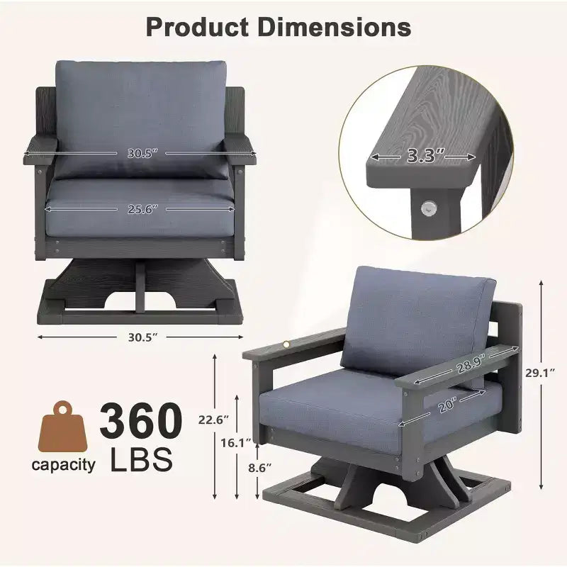 Chaise de patio pivotante Hyleory en PEHD avec coussin de qualité supérieure, chaise d'extérieur tout temps pour un confort optimal