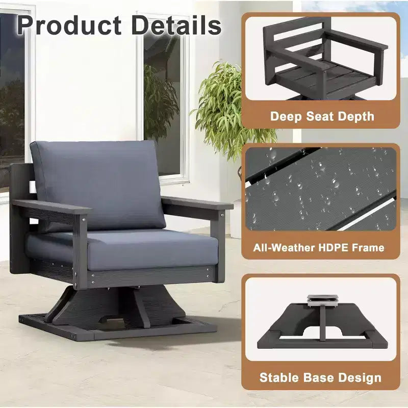 Chaise de patio pivotante Hyleory en PEHD avec coussin de qualité supérieure, chaise d'extérieur tout temps pour un confort optimal