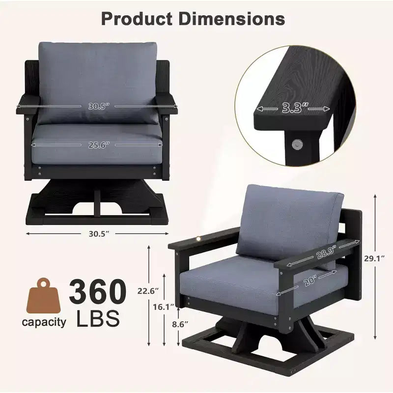 Chaise de patio pivotante Hyleory en PEHD avec coussin de qualité supérieure, chaise d'extérieur tout temps pour un confort optimal