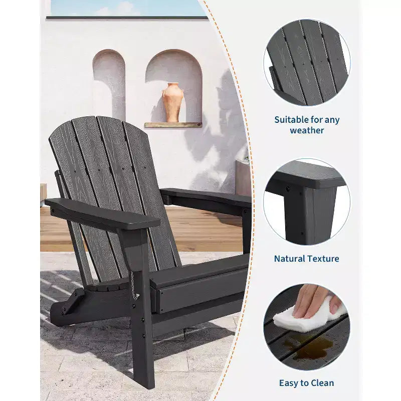 Fauteuils de patio d'extérieur tout temps avec porte-gobelets, chaises pliantes à texture bois, pour patios, terrasses, jardins, bleu marine - 1 ensemble