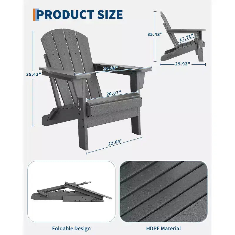 Fauteuils de patio d'extérieur tout temps avec porte-gobelets, chaises pliantes à texture bois, pour patios, terrasses, jardins, bleu marine - 1 ensemble