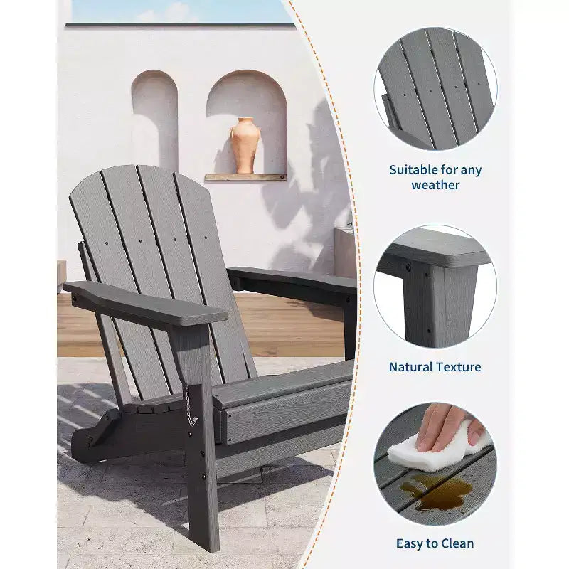 Fauteuils de patio d'extérieur tout temps avec porte-gobelets, chaises pliantes à texture bois, pour patios, terrasses, jardins, bleu marine - 1 ensemble