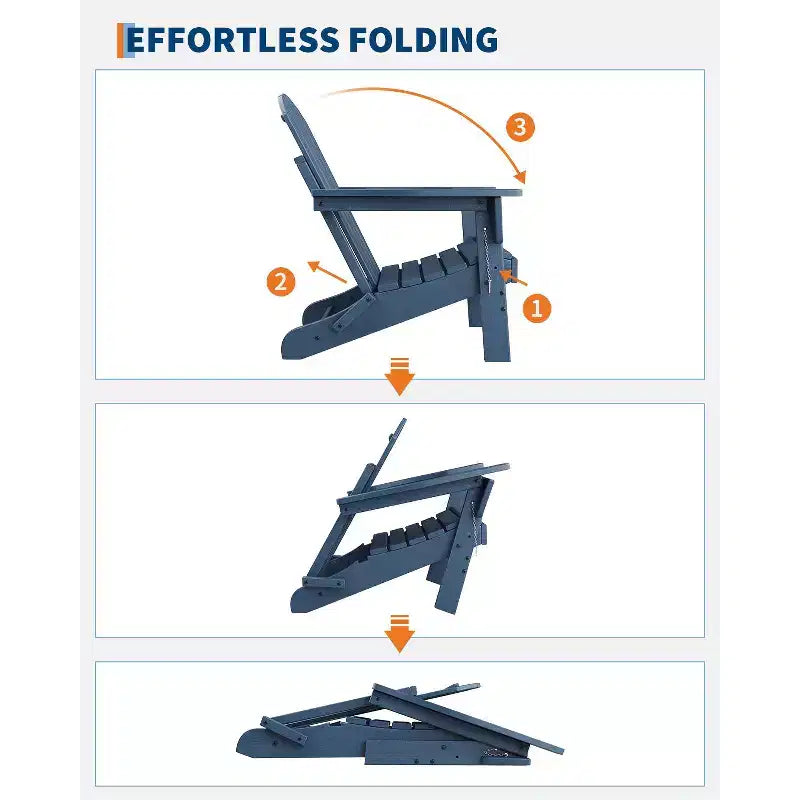 Fauteuils de patio d'extérieur tout temps avec porte-gobelets, chaises pliantes à texture bois, pour patios, terrasses, jardins, bleu marine - 1 ensemble