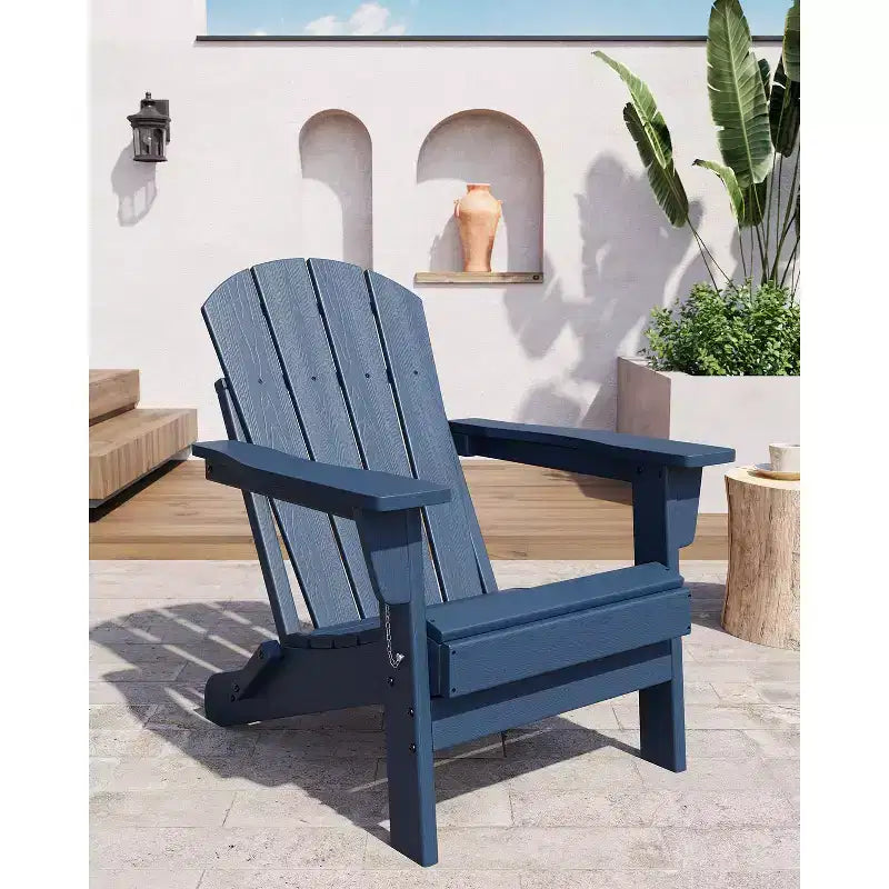 Fauteuils de patio d'extérieur tout temps avec porte-gobelets, chaises pliantes à texture bois, pour patios, terrasses, jardins, bleu marine - 1 ensemble