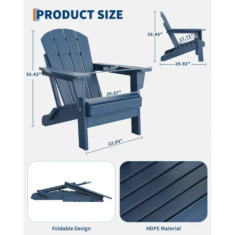Fauteuils de patio d'extérieur tout temps avec porte-gobelets, chaises pliantes à texture bois, pour patios, terrasses, jardins, bleu marine - 1 ensemble