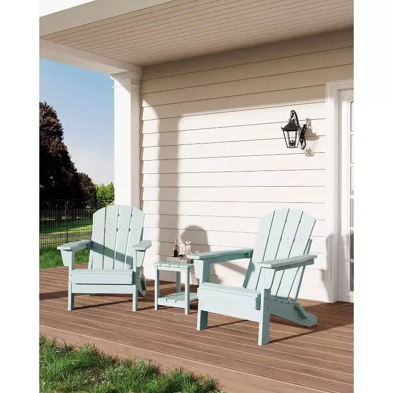 Fauteuils de patio d'extérieur tout temps avec porte-gobelets, chaises pliantes à texture bois, pour patios, terrasses, jardins, bleu marine - 1 ensemble
