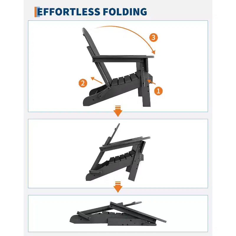 Fauteuils de patio d'extérieur tout temps avec porte-gobelets, chaises pliantes à texture bois, pour patios, terrasses, jardins, bleu marine - 1 ensemble
