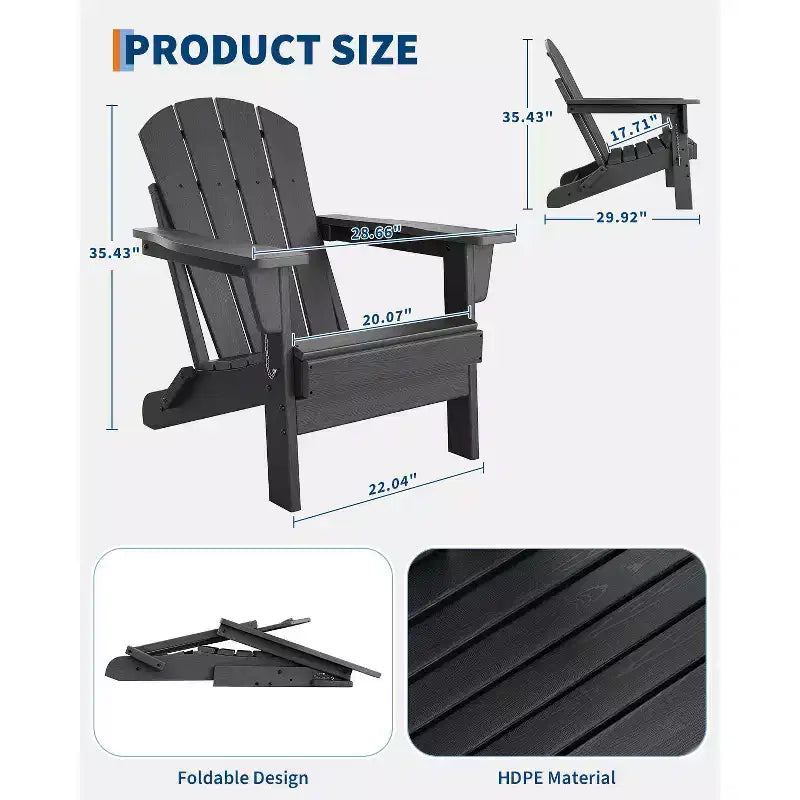 Fauteuils de patio d'extérieur tout temps avec porte-gobelets, chaises pliantes à texture bois, pour patios, terrasses, jardins, bleu marine - 1 ensemble