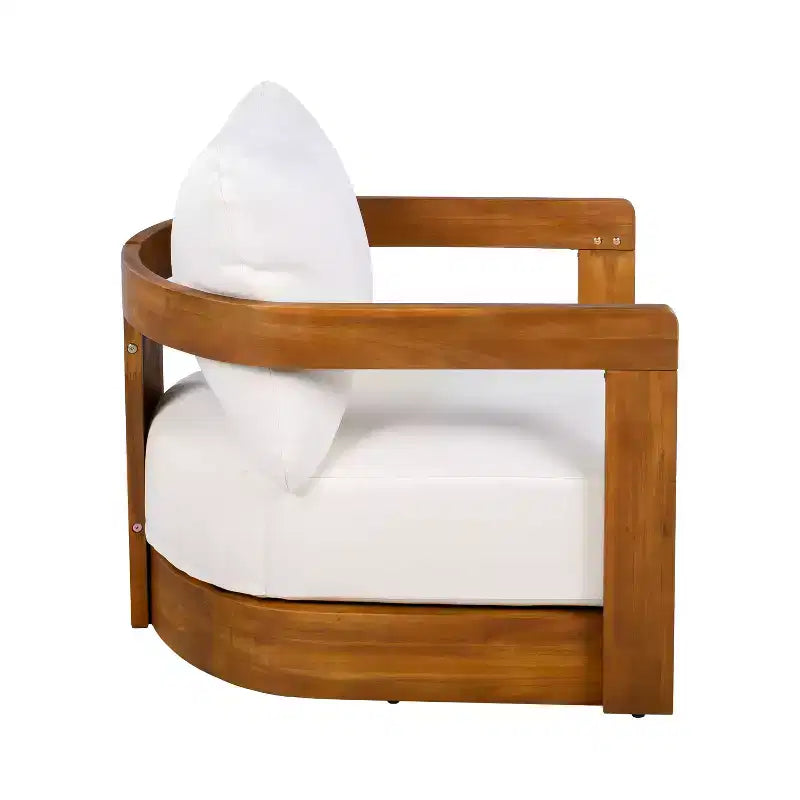 Fauteuil d'appoint de patio, fauteuil club d'extérieur en forme de tonneau, fauteuil incurvé, chaise de patio avec coussin résistant à l'eau et cadre en bois d'acacia résistant aux intempéries - ModernLuxe