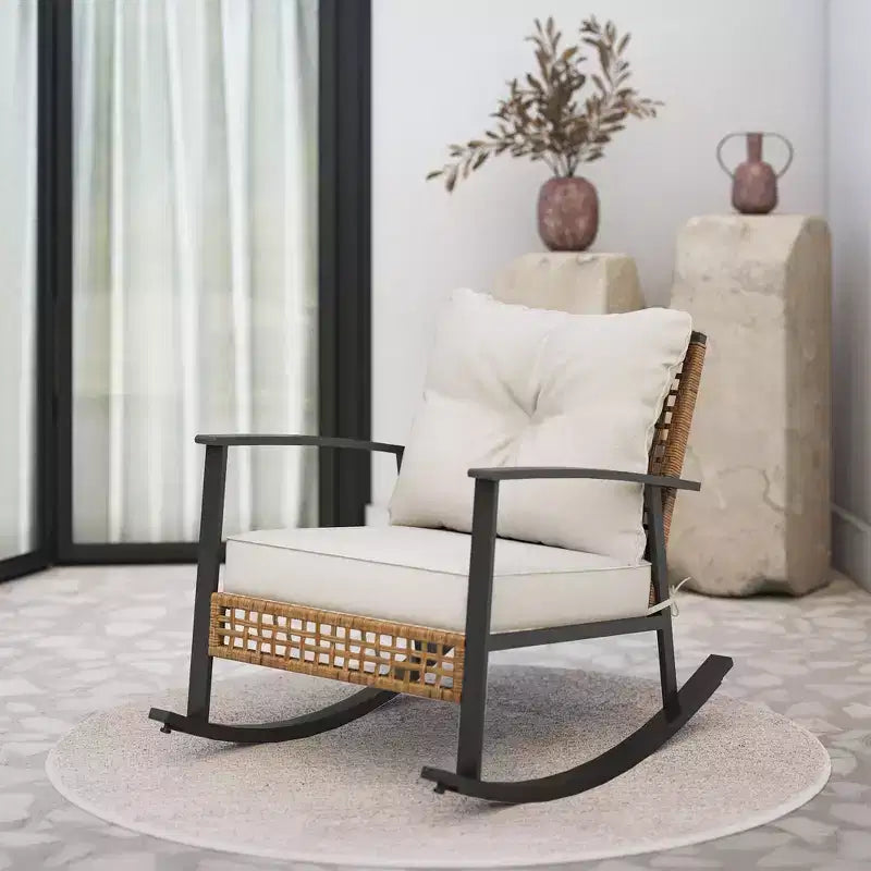 LAUSAINT HOME Fauteuil à bascule d'extérieur en osier avec coussin épais Fauteuil de salon moderne et confortable2 pièces/ 1 pièce