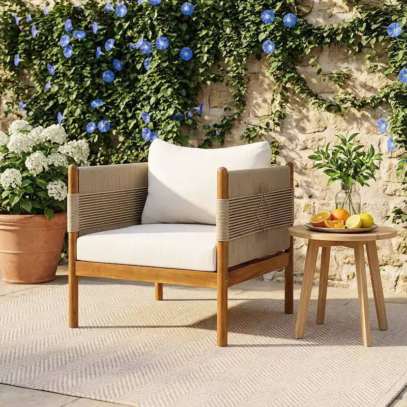 Fauteuil de jardin moderne en bois d'acacia Seungho avec tressage en corde diamant et coussins Christopher Knight Home