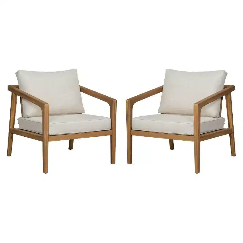Ensemble de 2 chaises de club d'extérieur en bois d'acacia avec coussins, teck+beige - ModernLuxe