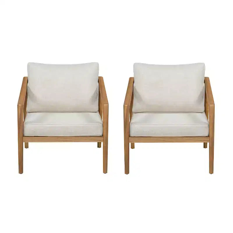 Ensemble de 2 chaises de club d'extérieur en bois d'acacia avec coussins, teck+beige - ModernLuxe
