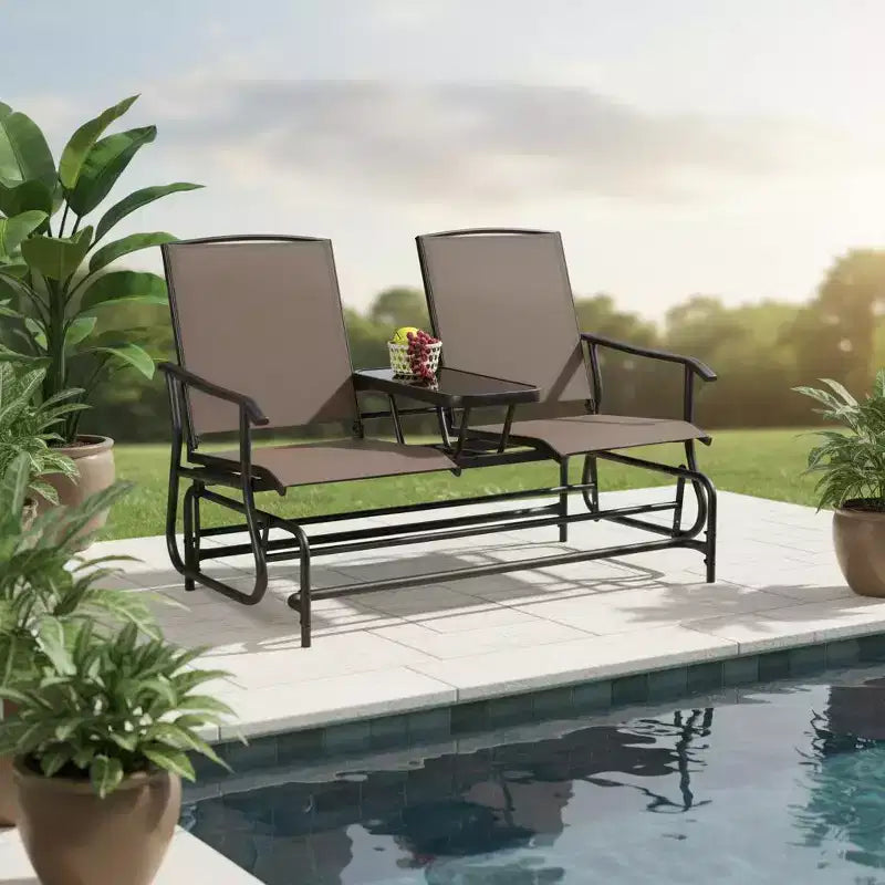 Banc planeur d'extérieur Gymax 2 places avec table en verre centrale, chaise longue de patio, balancelle de jardin, causeuse, marron