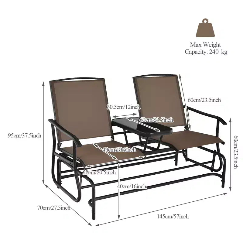Banc planeur d'extérieur Gymax 2 places avec table en verre centrale, chaise longue de patio, balancelle de jardin, causeuse, marron