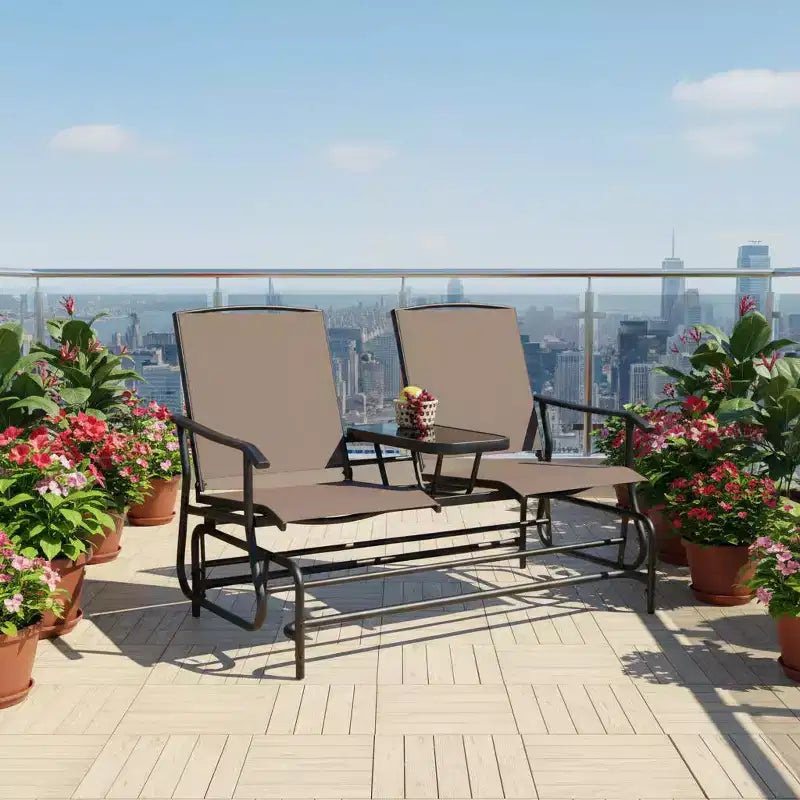 Banc planeur d'extérieur Gymax 2 places avec table en verre centrale, chaise longue de patio, balancelle de jardin, causeuse, marron