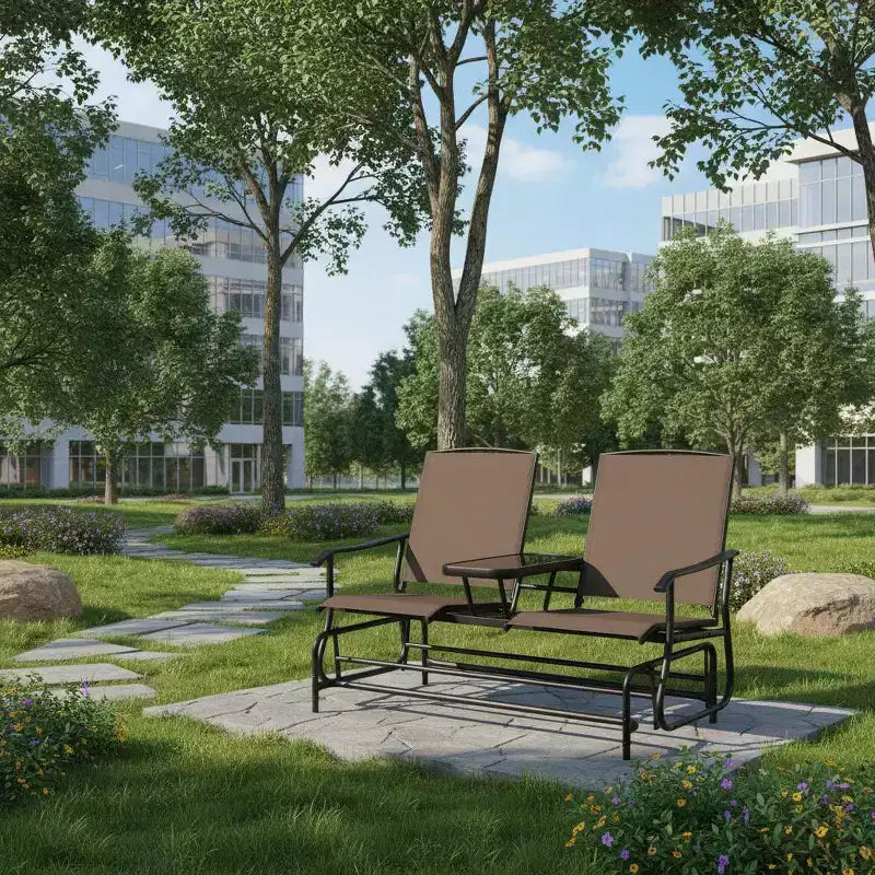 Banc planeur d'extérieur Gymax 2 places avec table en verre centrale, chaise longue de patio, balancelle de jardin, causeuse, marron