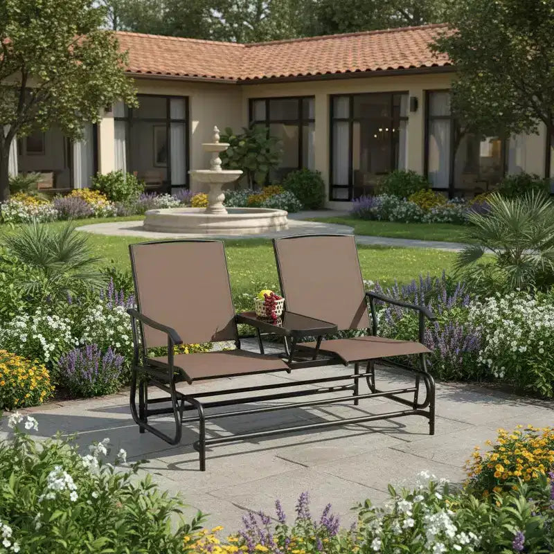 Banc planeur d'extérieur Gymax 2 places avec table en verre centrale, chaise longue de patio, balancelle de jardin, causeuse, marron