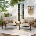 Set of 2 36-Inch Beige and Light Wood-Tone Rope Iron Lounge Chairs with Cushions, for Modern Decor