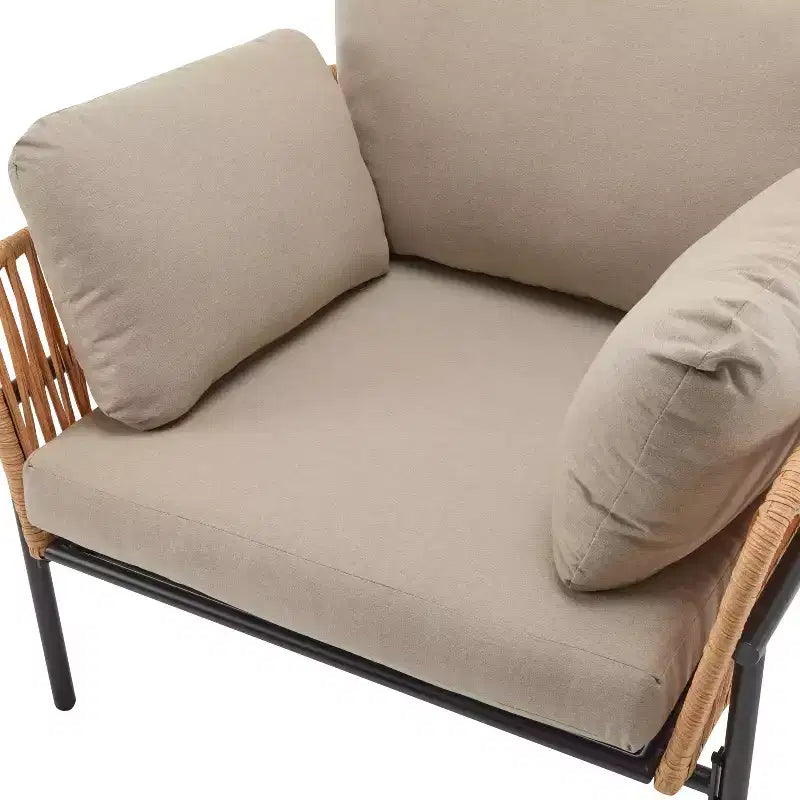 Lot de 2 chaises longues de 91 cm en corde de fer beige et bois clair avec coussins, pour un décor moderne
