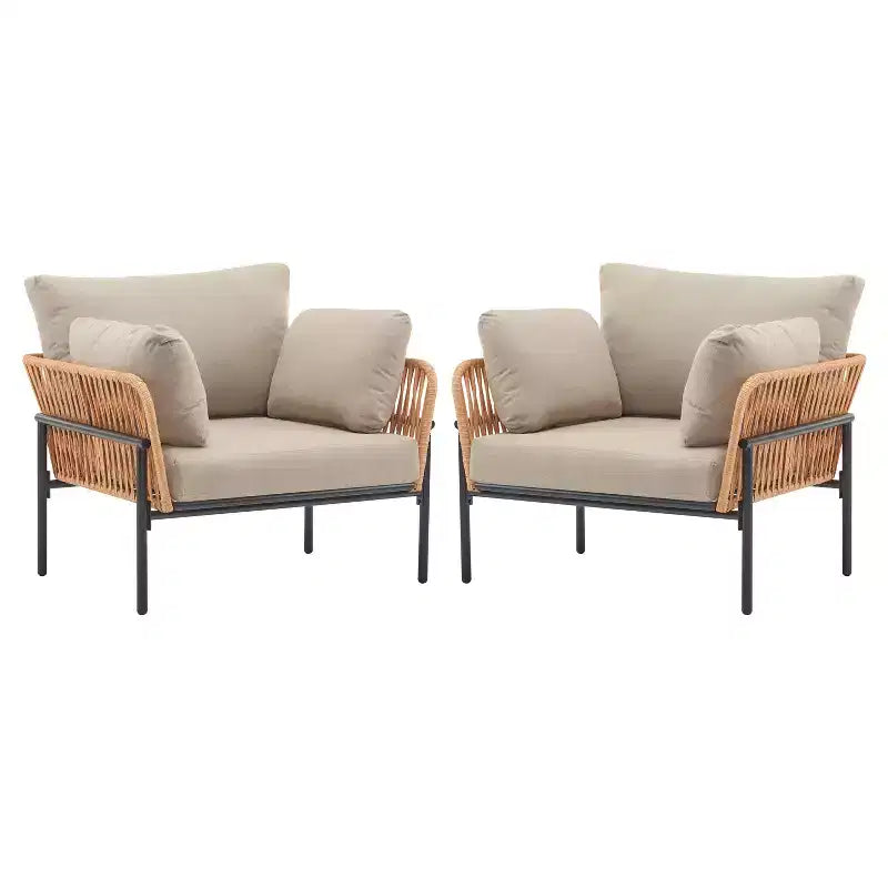 Lot de 2 chaises longues de 91 cm en corde de fer beige et bois clair avec coussins, pour un décor moderne