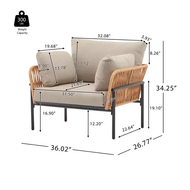 Lot de 2 chaises longues de 91 cm en corde de fer beige et bois clair avec coussins, pour un décor moderne