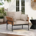 36-Inch Beige and Light Wood-Tone Rope Iron Lounge Chair with Cushions, for Natural Spaces