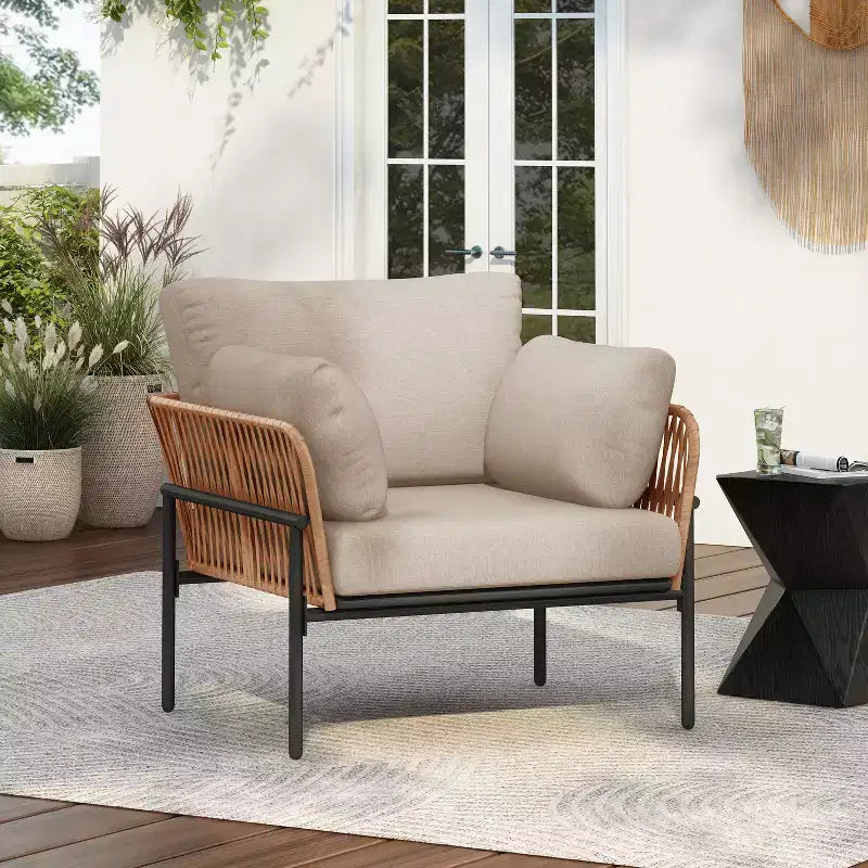 36-Inch Beige and Light Wood-Tone Rope Iron Lounge Chair with Cushions, for Natural Spaces