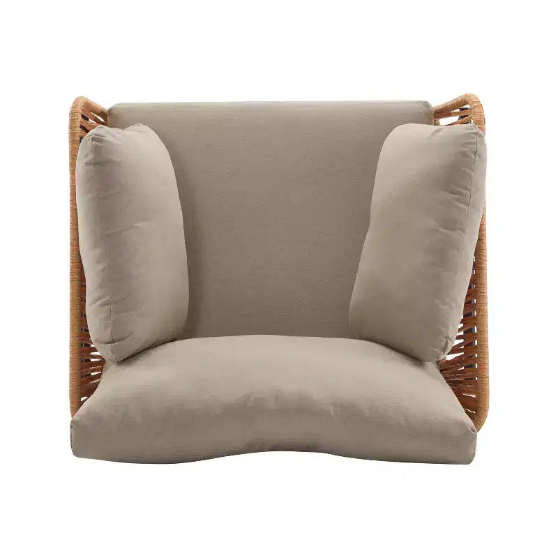 Fauteuil de salon 91 cm en corde beige et bois clair avec coussins, pour espaces naturels