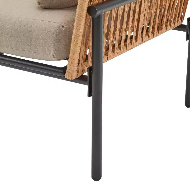 Fauteuil de salon 91 cm en corde beige et bois clair avec coussins, pour espaces naturels