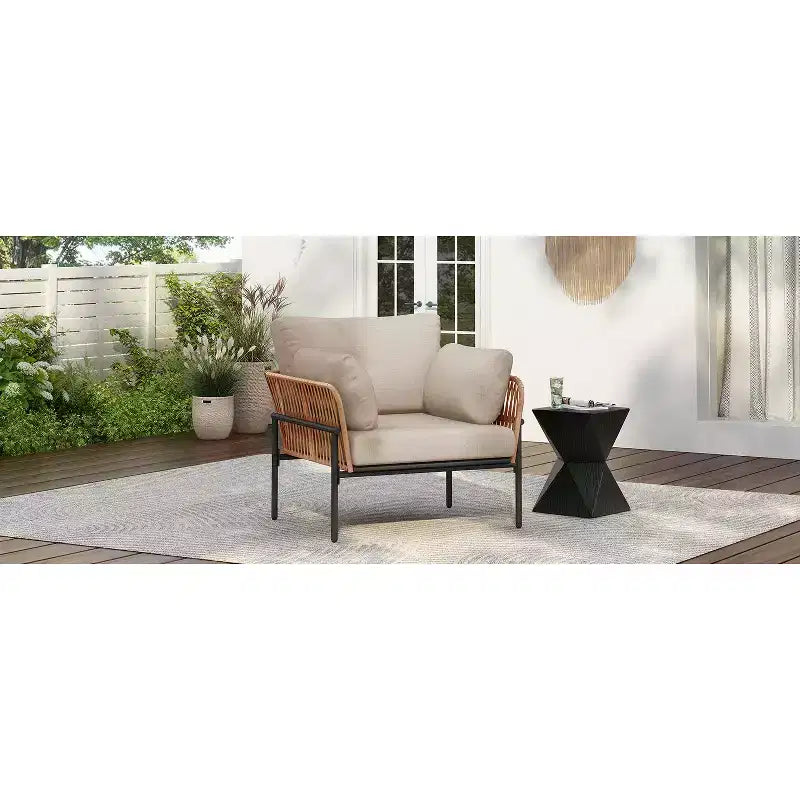 Fauteuil de salon 91 cm en corde beige et bois clair avec coussins, pour espaces naturels