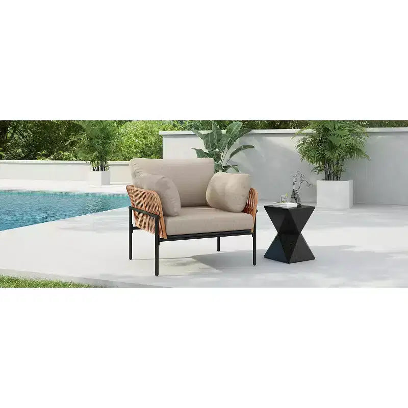 Fauteuil de salon 91 cm en corde beige et bois clair avec coussins, pour espaces naturels