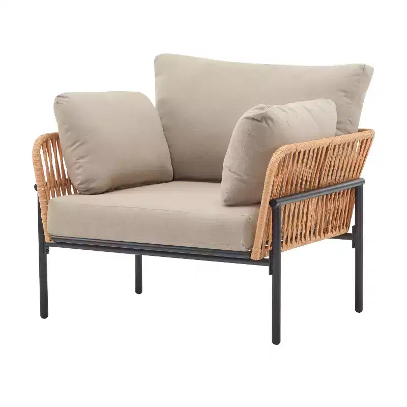 Fauteuil de salon 91 cm en corde beige et bois clair avec coussins, pour espaces naturels