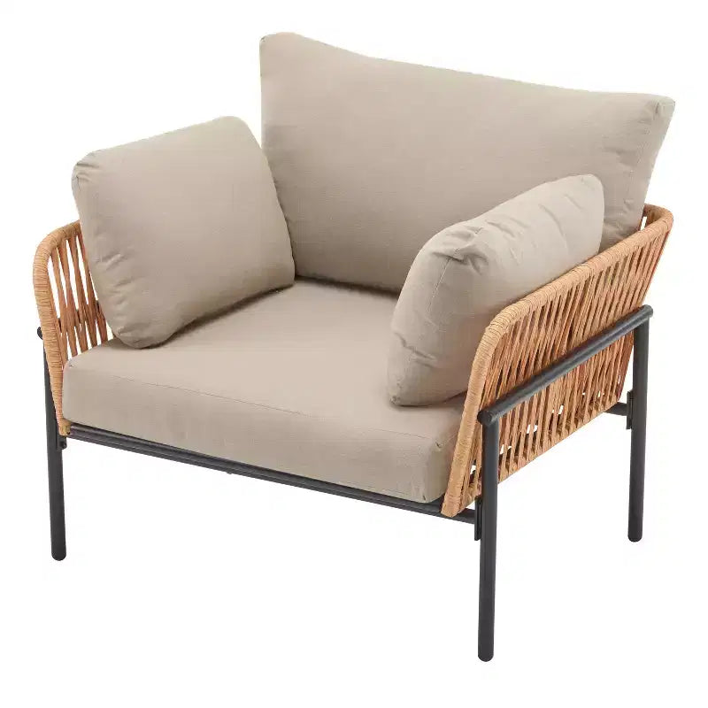 Fauteuil de salon 91 cm en corde beige et bois clair avec coussins, pour espaces naturels