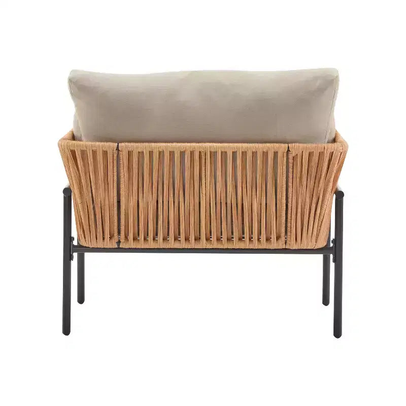 Fauteuil de salon 91 cm en corde beige et bois clair avec coussins, pour espaces naturels