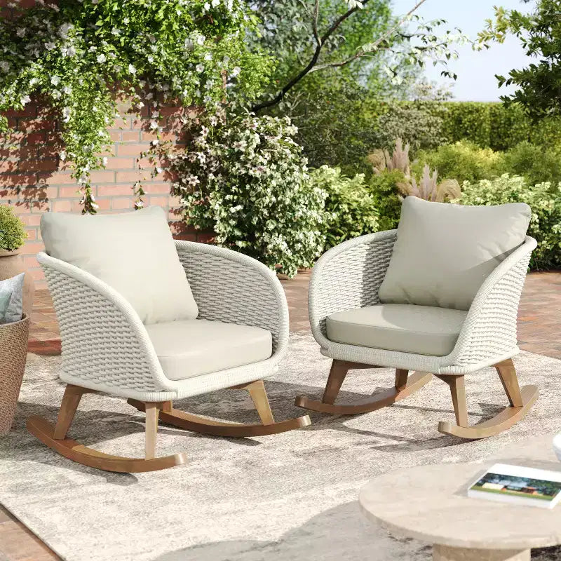 Set of 2 Contemporary Minimalist Beige Wicker Rocking Chairs with Soft Cushions, for Indoor and Outdoor Use