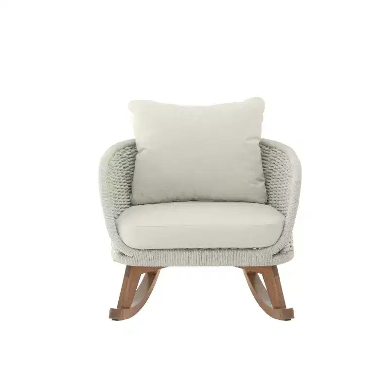 Ensemble de 2 chaises à bascule contemporaines minimalistes en osier beige avec coussins moelleux, pour usage intérieur et extérieur