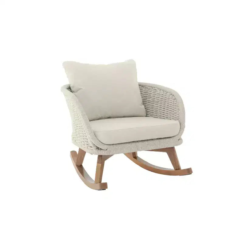 Ensemble de 2 chaises à bascule contemporaines minimalistes en osier beige avec coussins moelleux, pour usage intérieur et extérieur