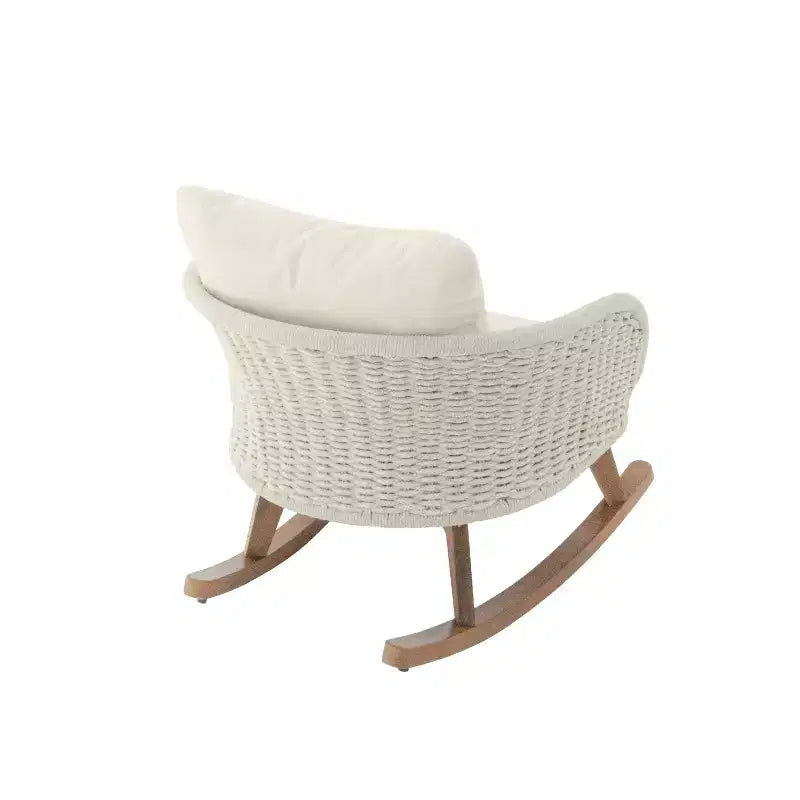 Ensemble de 2 chaises à bascule contemporaines minimalistes en osier beige avec coussins moelleux, pour usage intérieur et extérieur