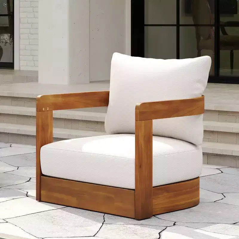 Fauteuil de jardin haut de gamme en bois d'acacia avec design incurvé, coussins résistants à l'eau, pour terrasse