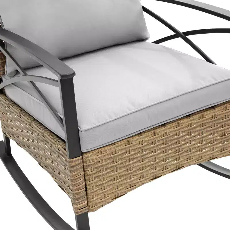 Ensemble de 3 fauteuils à bascule d'extérieur en rotin Zeus et Ruta, chaises de jardin avec coussins, gris